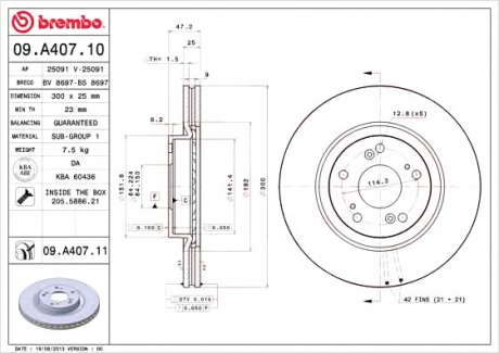 Тормозной диск вентилируемый BM 09. A407. 10 - 09.A407.10 (BREMBO)