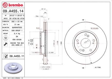 Тормозной диск вентилируемый BM 09. A455. 14 - 09.A455.14 (BREMBO)