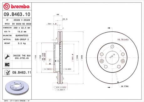 Тормозной диск вентилируемый BM 09. B463. 10 - 09.B463.10 (BREMBO)