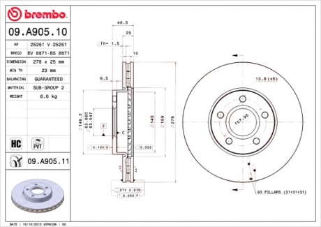Тормозной диск вентилируемый BM 09. A905. 10 - 09.A905.10 (BREMBO)