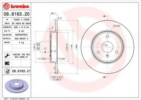 Тормозной диск BM 08. 8163. 20 - 08.8163.20 (BREMBO)