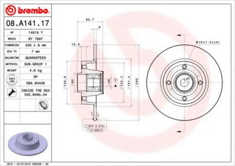 Тормозной диск BM 08. A141. 17 - 08.A141.17 (BREMBO)