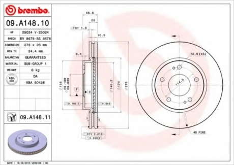 Тормозной диск BM 09. A148. 11 - 09.A148.11 (BREMBO)