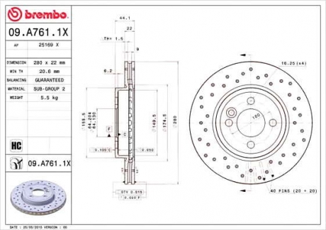 Тормозной диск BM 09. A761. 1X - 09.A761.1X (BREMBO)