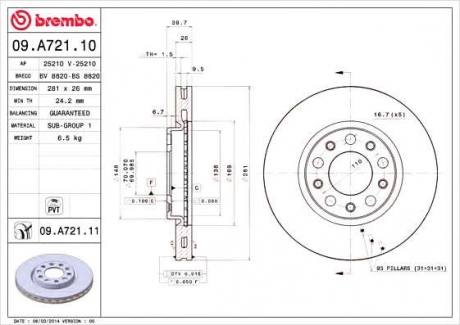 Тормозной диск BM 09. A721. 11 - 09.A721.11 (BREMBO)