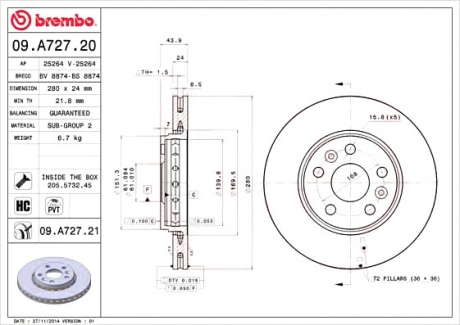 Тормозной диск BM 09. A727. 21 - 09.A727.21 (BREMBO)