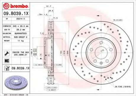 Тормозной диск BM 09. B039. 1X - 09.B039.1X (BREMBO)