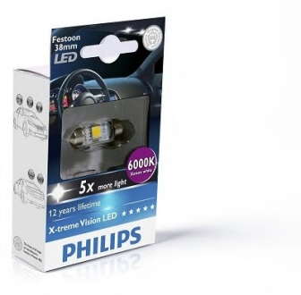 Лампа вспомогат. освещения T10, 5x38 12V SV8. 5-8 (10, 5x38) BlueVision  LED 6 000 K(пр-во Philips) Philips - 128596000KX1 (PHILIPS)